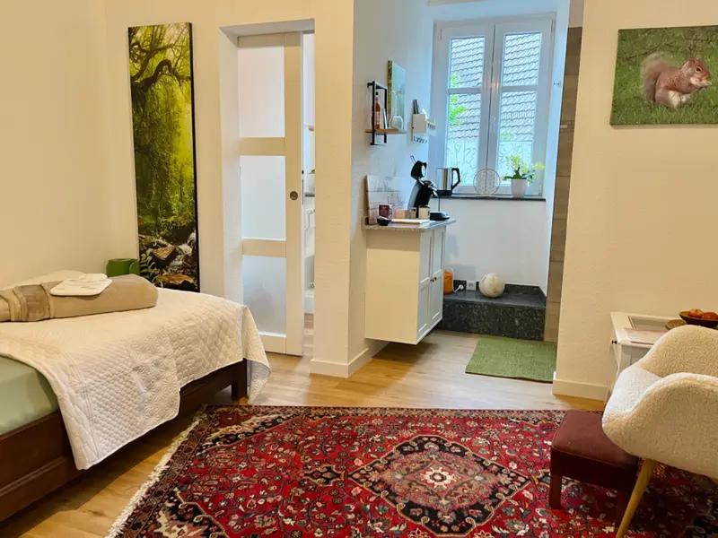 Einzelzimmer Ahorn mit Massivholzbett, rotem Teppich und Lesesessel