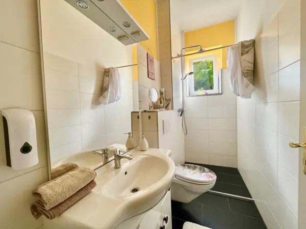 Tageslichtbad mit Waschbecken und Dusche