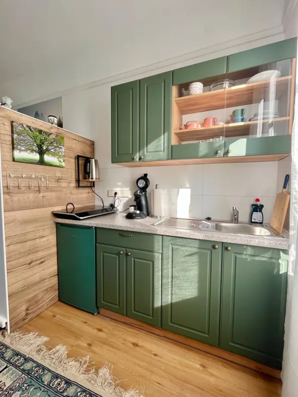 Küchenzeile im Appartement mit grünen Fronten